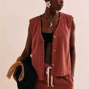 Free People Rust Red Sleeveless Button Vest and shorts